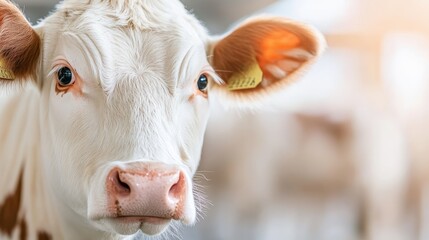A detailed close-up shot of a young cow with bright, attentive eyes and large ears, providing a gentle and curious expression, captured with a soft background in a peaceful setting.