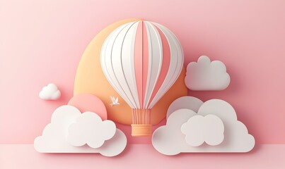 Joyful Journey, a whimsical hot air balloon floating among soft pastel clouds, capturing a dreamlike atmosphere of adventure and serenity in a playful landscape.
