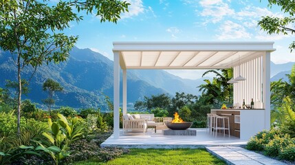 The 3D rendering shows a bioclimatic pergola on a private wooden patio.