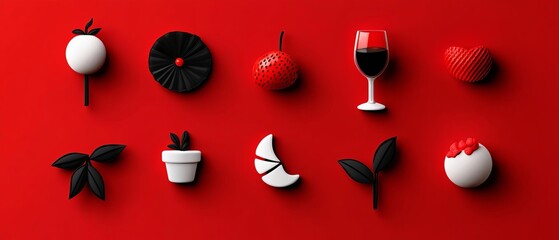 Colorful arrangement of black and white objects on a vibrant red background, featuring fruits, plants, and a wine glass.