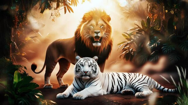 A white lion and tiger, smooth looping video 4K 