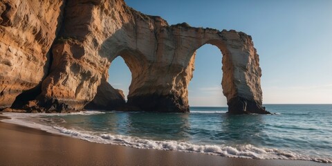 Fototapeta premium Spectacular Coastal Cliffs with Natural Archway Overlooking the Ocean and Clear Blue Sky in a Breathtaking Seaside Landscape.