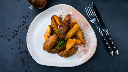 Rustic fried potato wedges in a plate, fast food.
