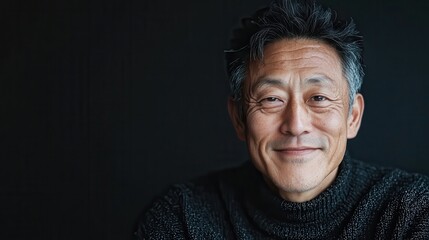 A mature man gazes into the camera with a gentle smile, showcasing deep lines and a textured sweater, conveying warmth and life experience against a dark backdrop.