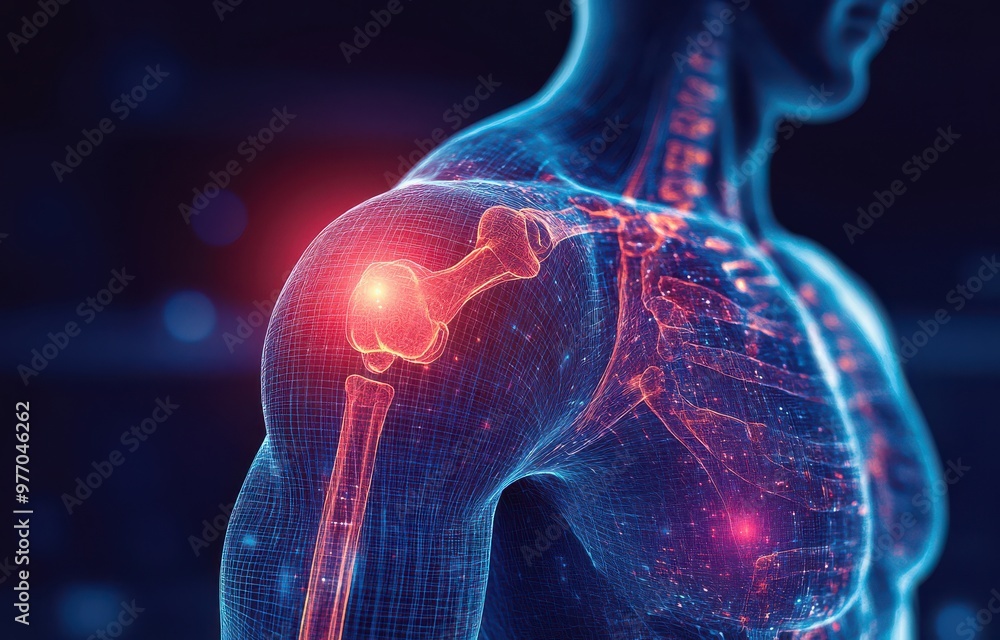 Poster digital x-ray illustrating shoulder pain with highlighted bone and muscle structure in a transparent