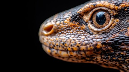 A highly detailed close-up of a lizard's skin in profile view, emphasizing the texture and pattern of scales captured with sharp focus against a dark backdrop.