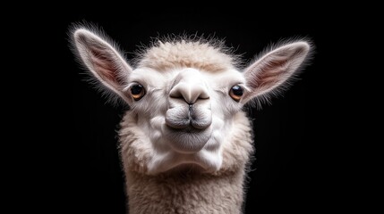 Obraz premium A curious llama stares into the camera against a black background, showcasing its fluffy white fur and large eyes. The image conveys the animal's inquisitive nature.