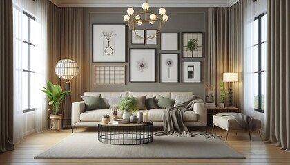 Stunning Minimalist Living Room Interior Featuring a Designer Sofa, Cozy Pillows, Coffee Table, and Personal Accents. Perfect for a Cozy Apartment and Elegant Home Décor. Ai Art