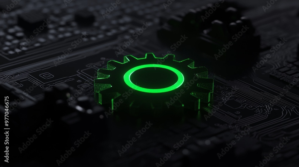 Poster a green configuration technology concept with a cog symbol as a neon light. the graphic has vivid co