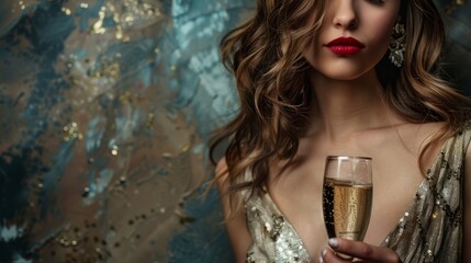 	
A woman with a glass of champagne in her hand in an elegant dress	
