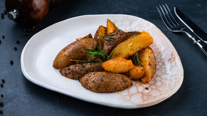 Garnish rustic fried potato wedges in a plate, fast food.