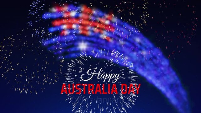January 26, happy australia day banner. Fireworks australian flag on dark night sky background. January 26th is Australia national holiday. Animated greeting card. Seamless loop