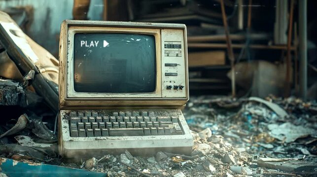Rusted vintage computer left in ruins, representing technological obsolescence and decay in an industrial setting. 