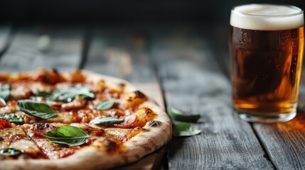 Close-up image of a delicious pizza topped with fresh basil leaves sitting beside a cold, frothy beer on a rustic wooden table, creating a perfect dining ambiance.
