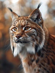 Obraz premium Close up of Wildcat, Lynx species, in a temperate forest during autumn