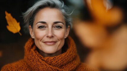A mature woman with silver hair and an orange scarf enjoys the moment among falling autumn leaves, radiating peace and happiness in the crisp outdoor air.