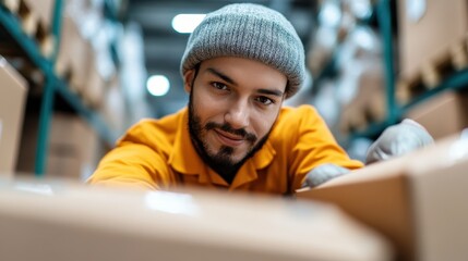 Portrait of a warehouse worker in an orange uniform and beanie, smiling while handling boxes in a warehouse setting, depicting professionalism and organization.
