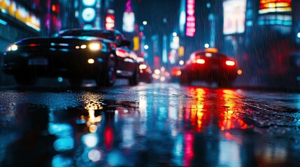 A rain-soaked city street at night, with blurry car lights reflecting off the wet road and vibrant neon signs glowing in the background.