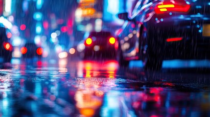Fototapeta premium A rain-soaked city street at night, with blurry car lights reflecting off the wet road and vibrant neon signs glowing in the background.