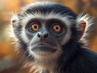Obraz premium Close up portrait of a Black and white Colobus Monkey, Colobus guereza, in a forest with warm tones