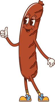 Naklejki Sausage retro groovy barbeque character. Isolated cartoon vector playful and cheerful grilled sausage bbq food personage in hippie y2k style, with smiling face, wearing sneakers and giving a thumbs-up