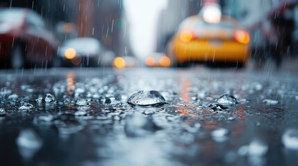 Rain splashes on the pavement with a blurred city background, emphasizing the raw beauty of a rainy...