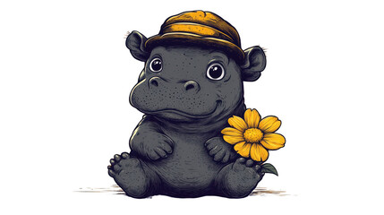Naklejka premium Sweet Pygmy Hippo with Big Bright Eyes Wearing a Tiny Hat Beside Delicate Flower - Joyful Mood Soft Sticker Illustration