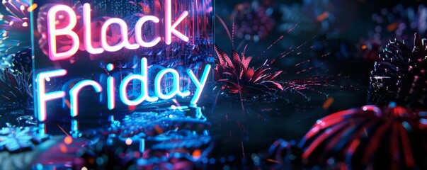 Black Friday - neon glowing text sign on futuristic technological background, shopping or promotional banner design