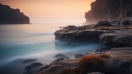 Mysterious fog envelops a rocky coastal cave at dawn.
