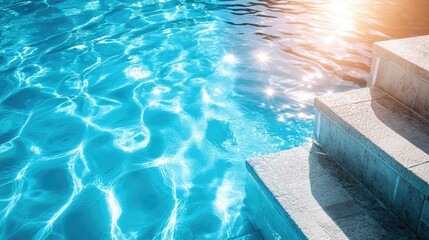 Obraz premium A sparkling outdoor swimming pool with gentle waves lapping against the steps, under the bright afternoon sun.