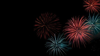 Colorful fireworks on the black sky background with a place for text 