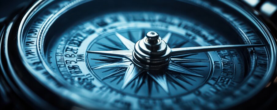 Close-up of a compass pointing north symbolizing direction, navigation, and guidance with intricate details and a blue hue