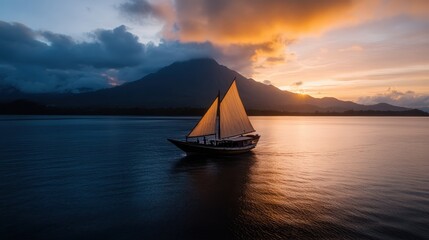 A traditional boat sails across the water at dawn, silhouetted against a dramatic sky, emphasizing the beauty of early morning light and the feeling of peaceful solitude at sea.