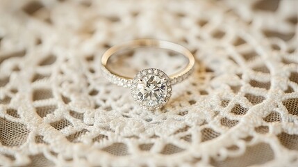 Obraz premium A stunning diamond engagement ring placed on a vintage lace doily, capturing both the timelessness and modern elegance of the design.