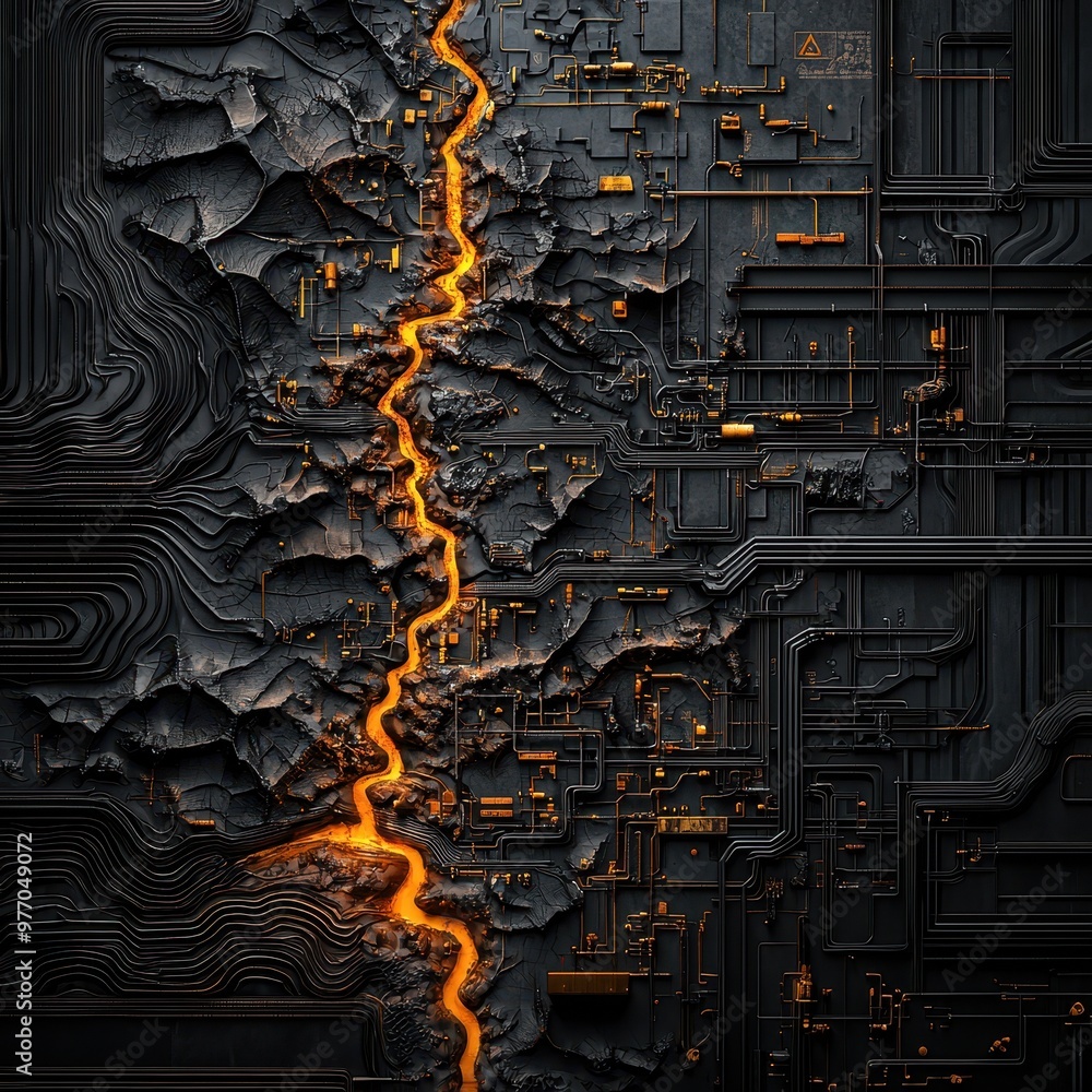 Poster abstract artwork featuring a textured black surface with vibrant orange cracks and circuit-like patt