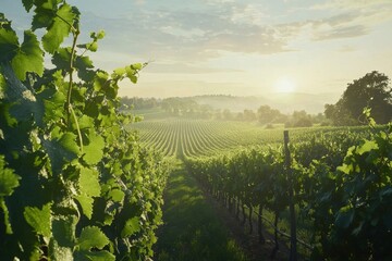 Sprawling Vineyard at Dawn with Misty Landscape and Lush Greenery