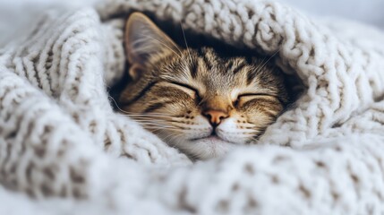 An adorable tabby cat peacefully sleeping under a cozy white blanket, reflecting warmth, serenity, and comfort, perfectly encapsulating simplicity and the beauty in relaxation.