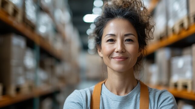 A confident woman, standing with arms crossed in a bustling warehouse environment, exudes leadership and control, epitomizing successful business operations management.