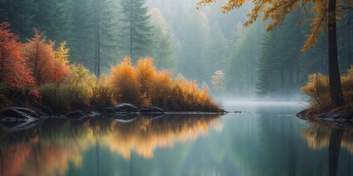 misty forest landscape reflected in water.