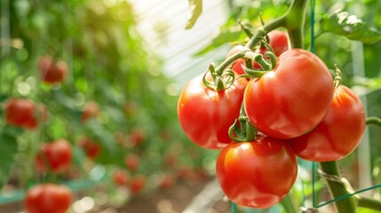 Red tomatoes on the branch in the greenhouse