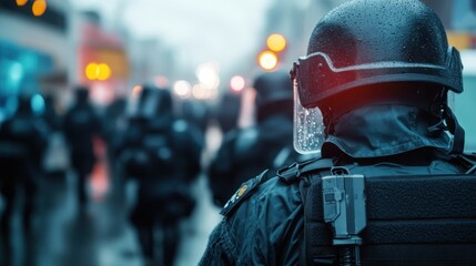 A group of armored police officers stand with their backs to the camera during a protest, capturing the intensity and seriousness of the situation with blurred lights around.