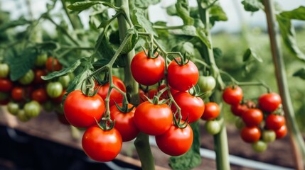 Red tomatoes on the branch in the greenhouse