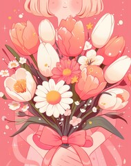 pink daisy and tulip bouquet cute girl ribbon bow anime clipart card