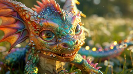 Fototapeta premium A colorful and adorable monster with big eyes and a playful grin, sitting in a decorated room. This whimsical character is ideal for children's content, perfect for stories and animations.