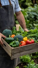 A farmer holding an organic vegetable box with fresh vegetables, such as carrots and tomatoes, in it