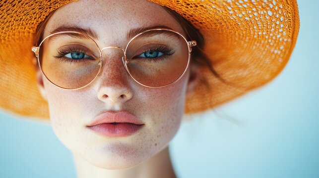 A chic woman with orange sunglasses and a straw hat poses confidently, capturing the essence of modern summer style against a bright backdrop.