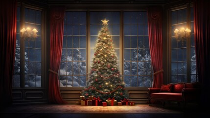Fototapeta premium A Christmas tree decorated with balls in a room in an apartment with large windows