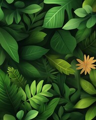 A lush green foliage background featuring various leaves and a single yellow flower, perfect for nature-themed projects.