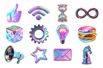 PNG 3D iridescent icon element set, transparent background