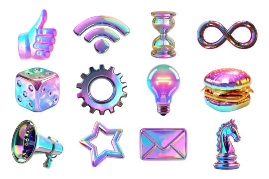 PNG 3D iridescent icon element set, transparent background